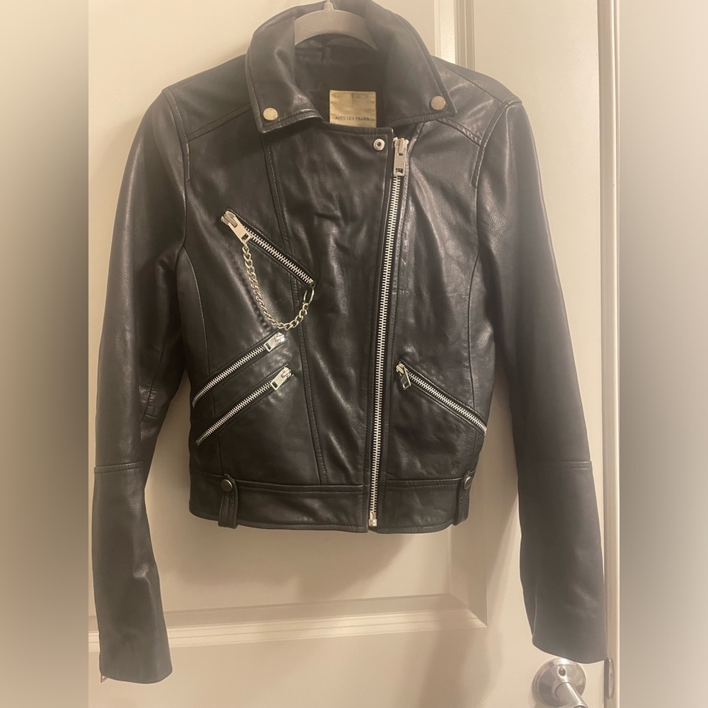 Avec Les Filles Black Leather Biker Jacket